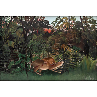 РЕПРОДУКЦИИ НА КАРТИНИ Гладен лъв се хвърля върху антилопа (1905)